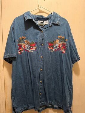 Bobbie Brooks Blue Denim Short-Sleeve Shirt with Embroidered Teddy Bear Motifs